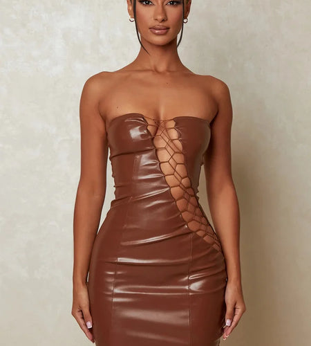 Hollow Out PU Leather Sexy Mini Dresses For Women Strapless Sleeveless Backless Bodycon Party Short Dress Vestido