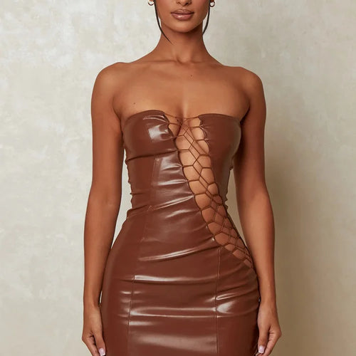 Load image into Gallery viewer, Hollow Out PU Leather Sexy Mini Dresses For Women Strapless Sleeveless Backless Bodycon Party Short Dress Vestido
