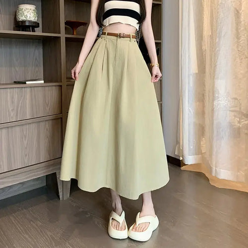 Load image into Gallery viewer, French Fashion Women's Black Beige Elegant Pleated Long Skirt Spring Summer Khaki High Waist Pocket Skirts Popular Versatile New
