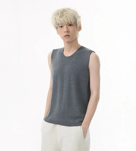 Men's Vest New Summer Korean Round Neck Design Solid Color Loose Sleeveless T-shirt Knitted Casual Male Top Trend 9W1592