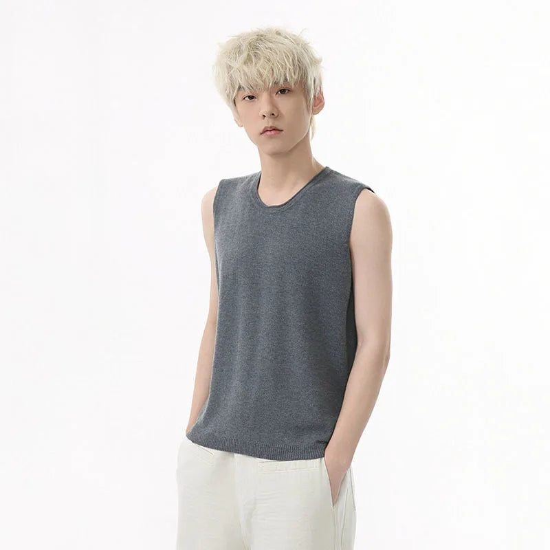 Men's Vest New Summer Korean Round Neck Design Solid Color Loose Sleeveless T-shirt Knitted Casual Male Top Trend 9W1592
