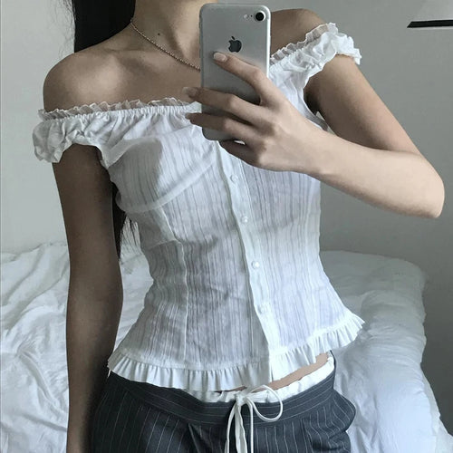 Load image into Gallery viewer, Fashion Chic White Off Shoulder Women Tops Blouse Ruched Buttons-Up Folds Korean Style Summer Shirt Cardigan Clothing
