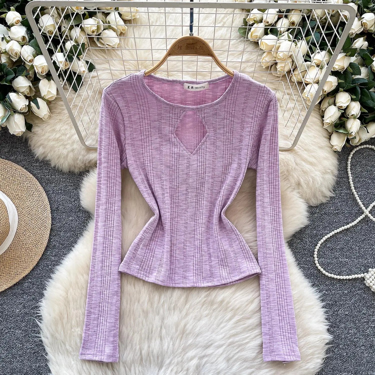 Vintage Fashion Women's Solid Long Sleeved Hollow Out Slim Short T Shirt 2025 Spring Elegant Versatile Ladies Festival Tops Chic