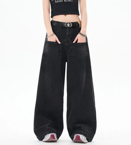 American Style Men's Denim Panst Casual Solid Color Reverse Pocket Design Straight Wide Leg Baggy Male Jeans Spring 9W1202