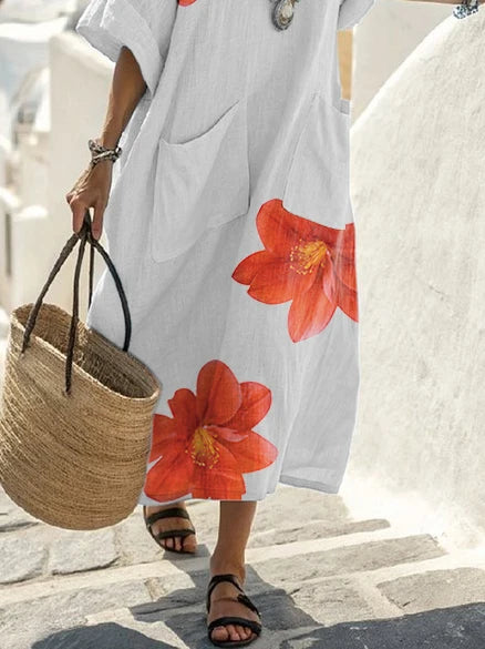 Women Summer Flower Print Pocket Cotton Linen Vacation Long Dress 2025 Elegant V-neck Half Sleeves Long Dresses Woman