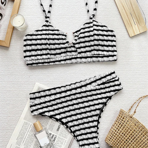 Load image into Gallery viewer, Black White Striped Swimwear Rings Bikini Sets 2024 Sexy Women Swimsuit High Waist Biquini Hollow Out Bathing Suit
