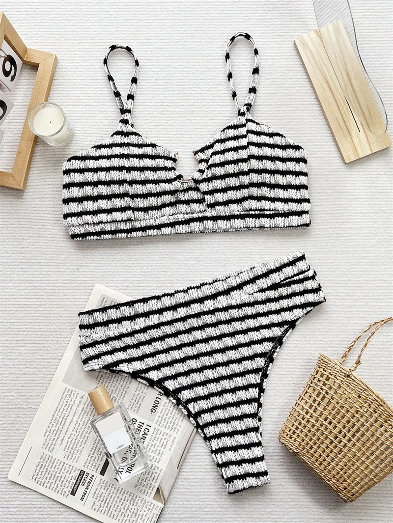 Black White Striped Swimwear Rings Bikini Sets 2024 Sexy Women Swimsuit High Waist Biquini Hollow Out Bathing Suit