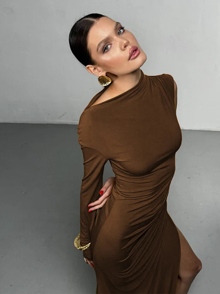 Elegant Single Sleeve High Elasticity Tight Fold Dress Women New 2025 Winter Party Club Evening Dress Bodycon Vestdos