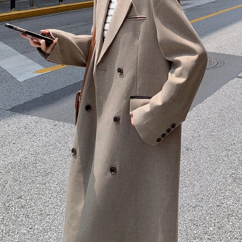 Load image into Gallery viewer, Women Khaki Double Breasted Big Size Long Blazer New Lapel Long Sleeve Jacket Fashion Tide Spring Autumn 2025 1DH9719
