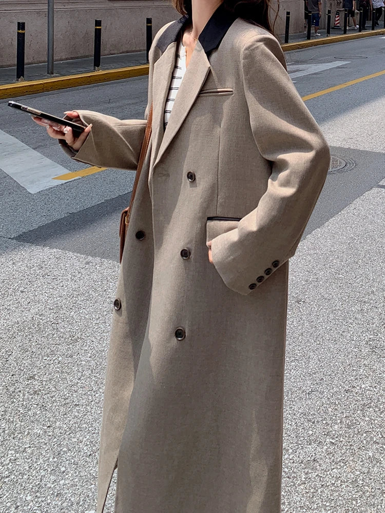 Women Khaki Double Breasted Big Size Long Blazer New Lapel Long Sleeve Jacket Fashion Tide Spring Autumn 2025 1DH9719