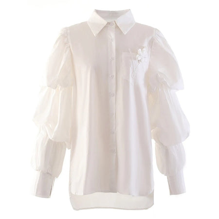 Solid Patchwork Pockets Casual Shirts For Women Lapel Pile Up Sleeves Spliced Single Breasted Shirt Female Fashion