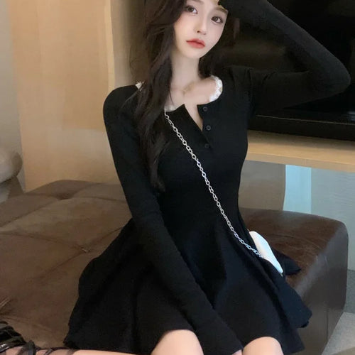 Load image into Gallery viewer, Knitted Black Wrap Dress Women Korean Style Bodycon Lace Long Sleeve Short Dresses Autumn Kpop Outfits Solid
