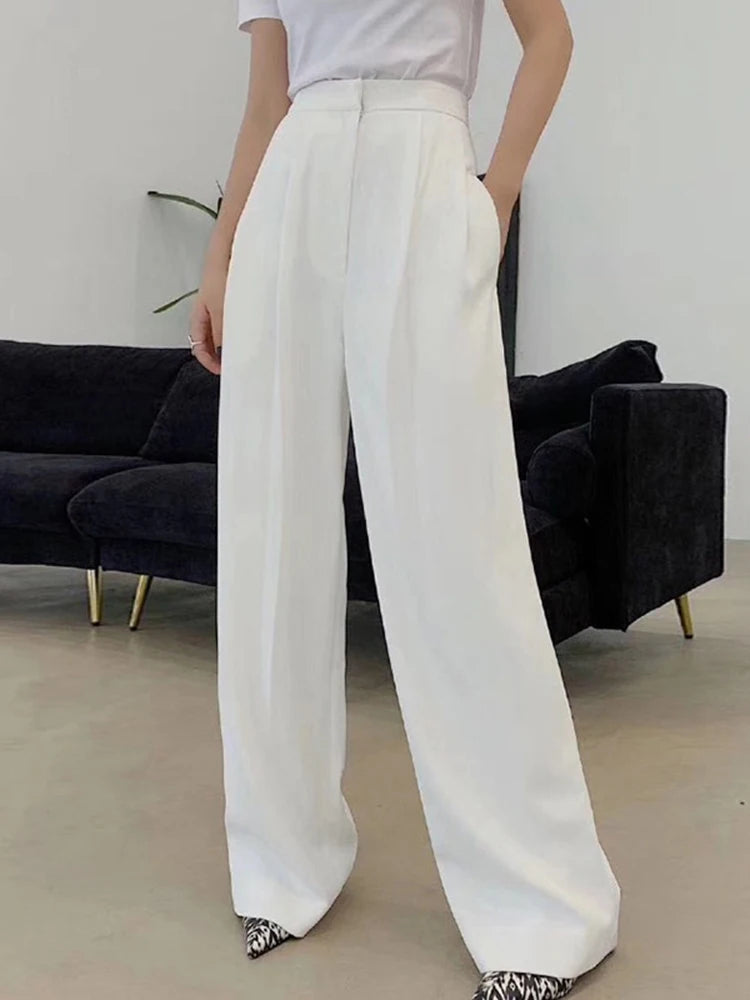 Casual Loose Straight Pants For Women High Waist Solid Full Length Wide Leg Trousers Female Fashion Spring