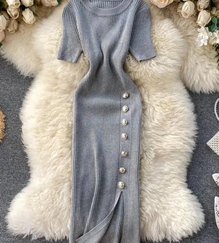 Summer Korean Solid Round Neck Slim Single Breasted Short Sleeve Long Dress Women Festival Wrap Hip Split Knitted Dress Popular