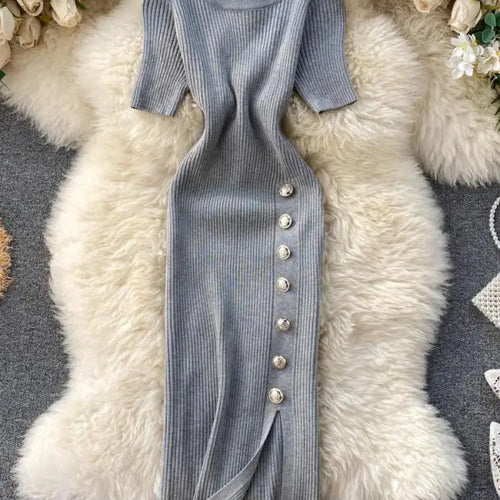 Load image into Gallery viewer, Summer Korean Solid Round Neck Slim Single Breasted Short Sleeve Long Dress Women Festival Wrap Hip Split Knitted Dress Popular
