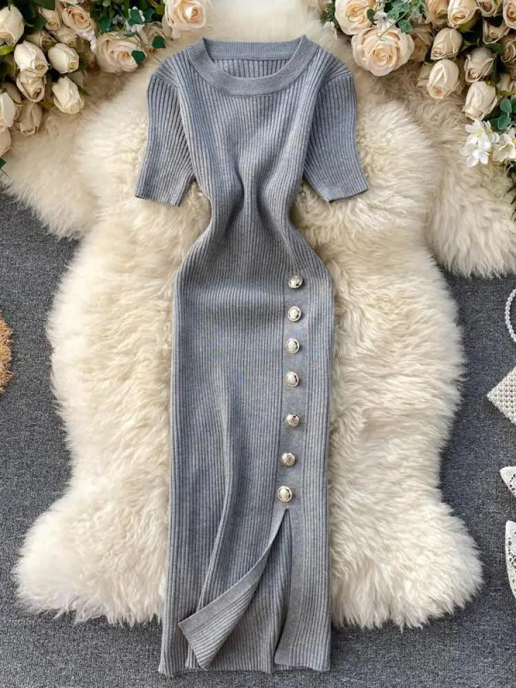 Summer Korean Solid Round Neck Slim Single Breasted Short Sleeve Long Dress Women Festival Wrap Hip Split Knitted Dress Popular