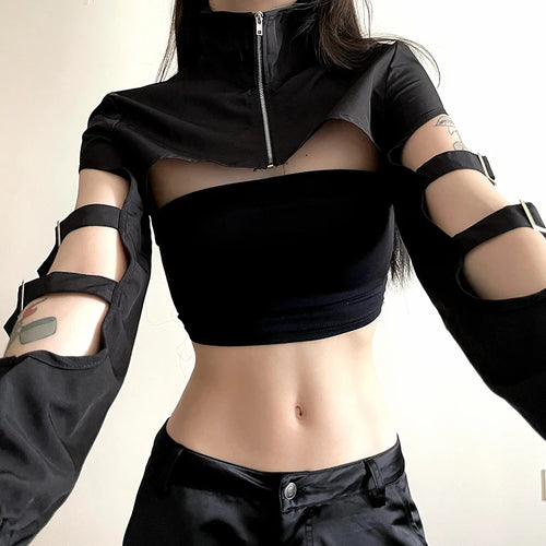 Load image into Gallery viewer, Streetwear Black Buckle Turtleneck Pullover Smock Top Harajuku Zipper Cut Out Autumn Sweatshirt Hoodies Tech Clothing
