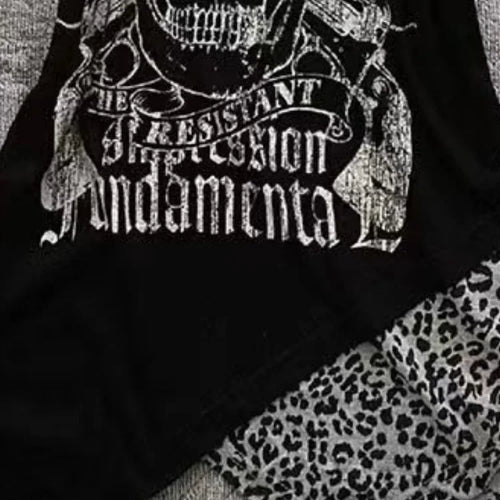 Load image into Gallery viewer, Y2k Aesthetics Irregular Leopard Patchwork Vintage T-shirt Streetwear Skull Printing Tshirt Harajuku Slim Fit Fairy Grunge Tops
