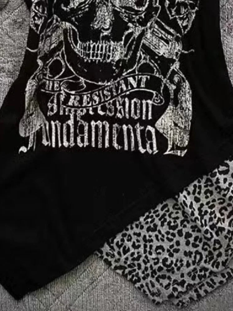 Y2k Aesthetics Irregular Leopard Patchwork Vintage T-shirt Streetwear Skull Printing Tshirt Harajuku Slim Fit Fairy Grunge Tops