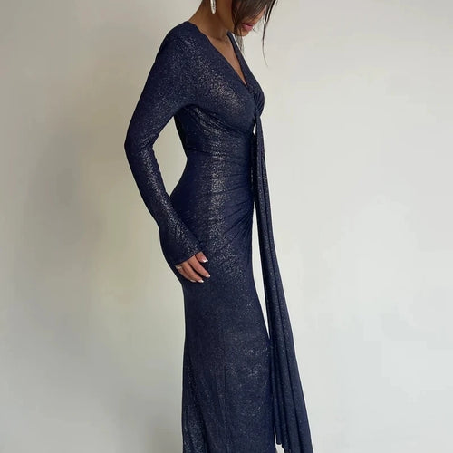 Load image into Gallery viewer, Elegant Long Sleeved Lace Up Pleated Evening Dress For Women Vneck Bodycon Elastic Maxi Dress Female Party Club Vestidos
