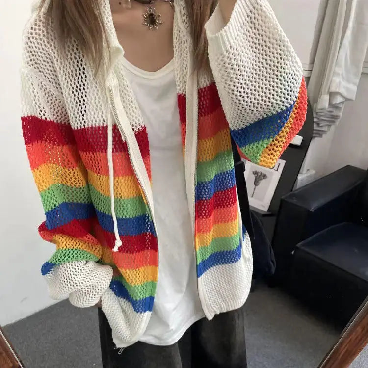 Vintage Striped Cardigan Hollow Out Y2k Aesthetic Hooded Drawstring Sweater Coat Harajuku Zipper Kardigany Jumper Pull Femme