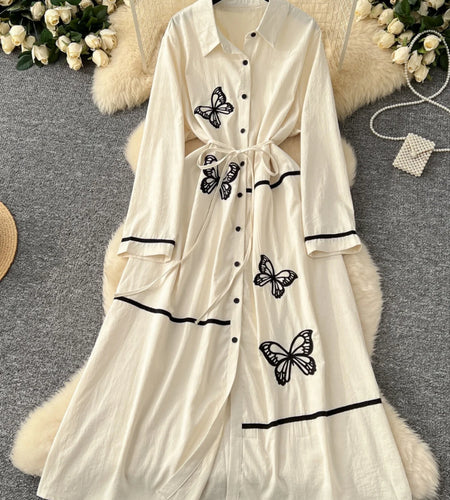 French Women Butterfly Embroidery Elegant Lace-up Shirt Long Dress 2025 Autumn New Retro Long Sleeved Button Holiday Party Dress