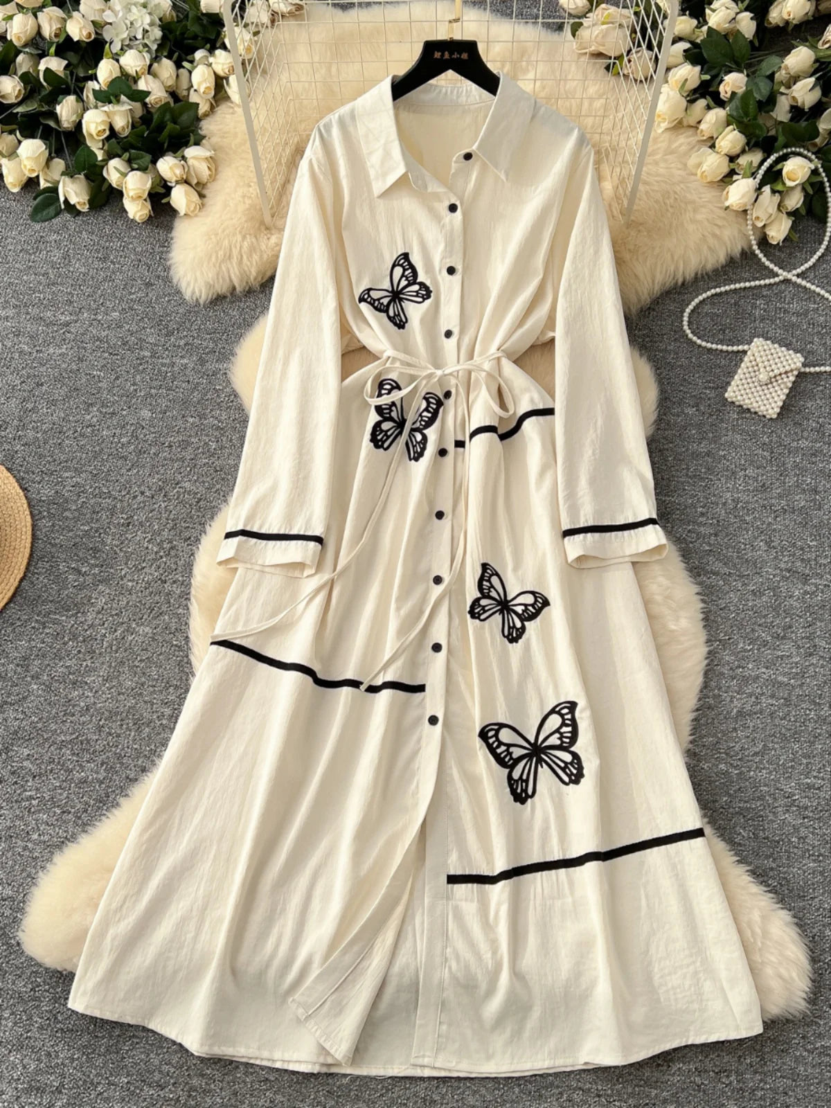 French Women Butterfly Embroidery Elegant Lace-up Shirt Long Dress 2025 Autumn New Retro Long Sleeved Button Holiday Party Dress
