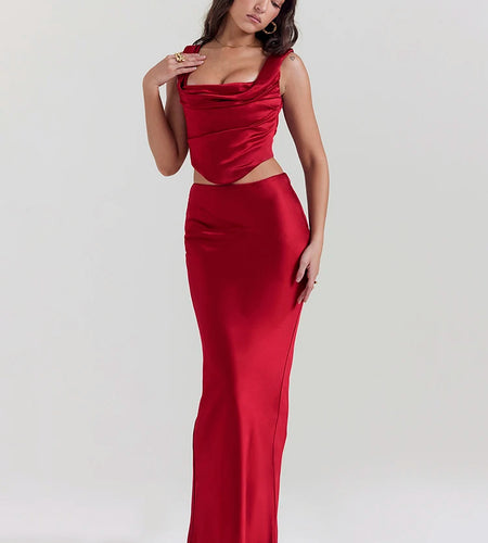 Satin Elegant Skirt Two Piece Set Women Sleeveless Backless Crop Tops And Long Skirt Ladies Club Party Sexy Skirt Set