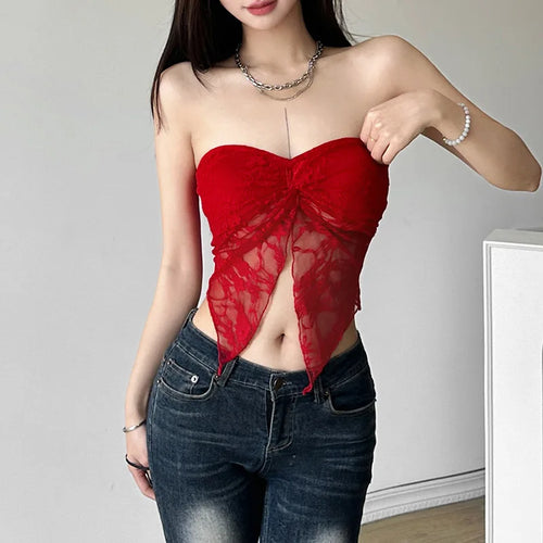 Load image into Gallery viewer, y2k Tube Top Women Fairy Coquette Clothing Solid Color Off Shoulder Strapless Asymmetrical Hem Lace Bandeau 2000s Vest
