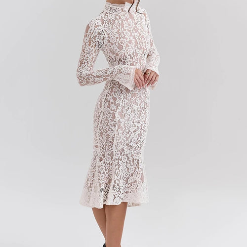 Load image into Gallery viewer, Lace Long Sleeve Sexy Midi Dress For Women Elegant White Half High Collar High Waist Bodycon Club Party Sexy Long Dress
