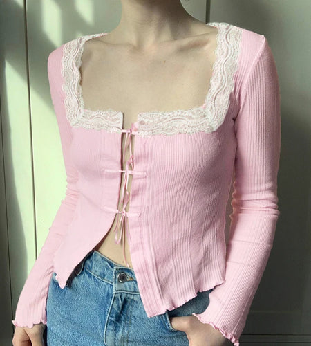 Cutecore Pink Square Neck Female Tee Bow Coquette Clothes Lace Spliced Autumn T-shirts Front Tie-Up Korean Slim Tops