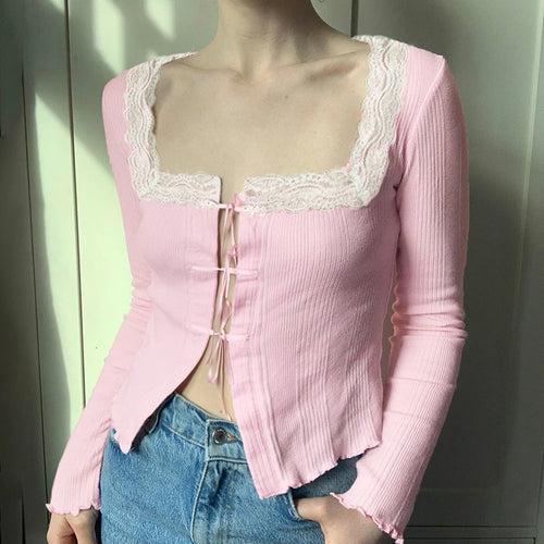 Load image into Gallery viewer, Cutecore Pink Square Neck Female Tee Bow Coquette Clothes Lace Spliced Autumn T-shirts Front Tie-Up Korean Slim Tops
