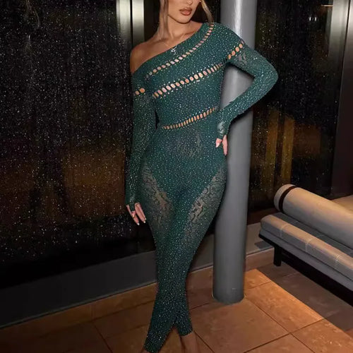 Load image into Gallery viewer, Sexy Tight Long Sleeved Hot Stamping Hollow Jumpsuit Women High Elasticity Jumpsuit Female Autumn New 2024 Club Clothing
