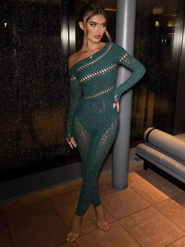 Sexy Tight Long Sleeved Hot Stamping Hollow Jumpsuit Women High Elasticity Jumpsuit Female Autumn New 2024 Club Clothing