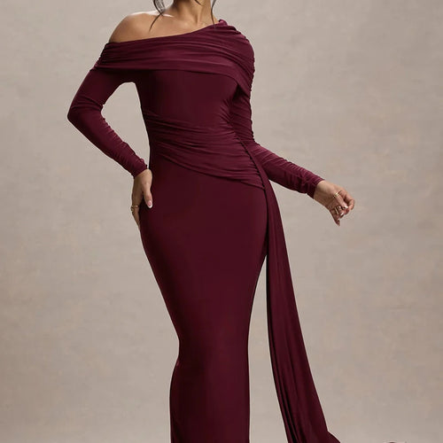 Load image into Gallery viewer, Skew Collar Long Sleeve Sexy Maxi Dress For Women Gown Fashion Backless Draped Ruched Bodycon Club Long Dress Elegant
