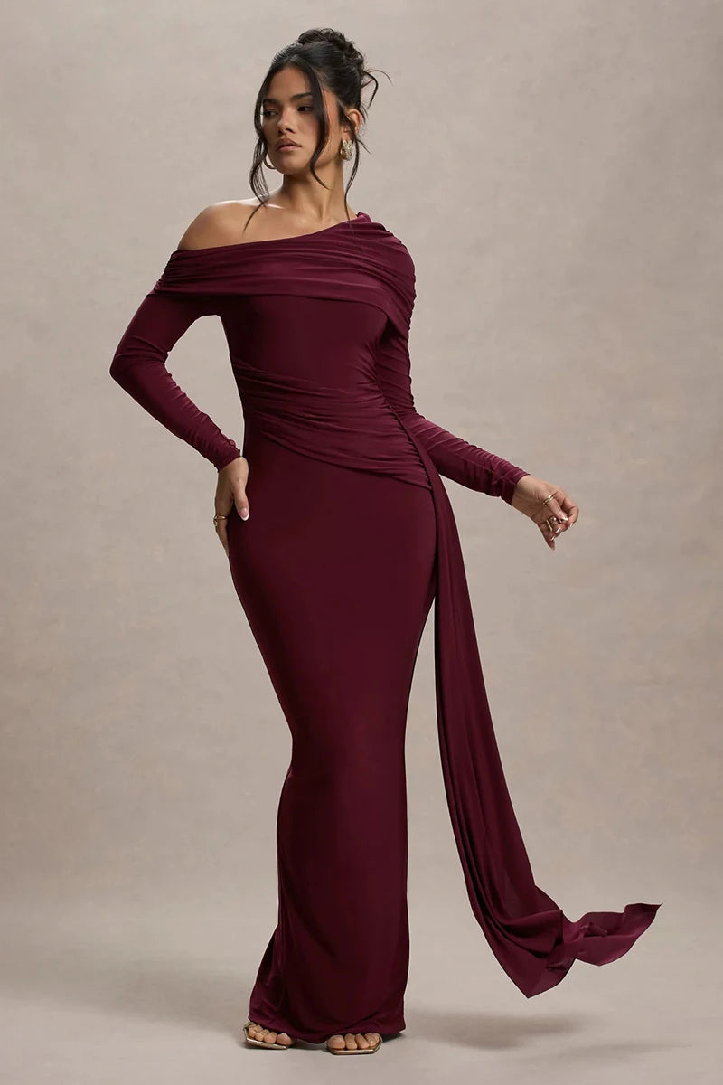Skew Collar Long Sleeve Sexy Maxi Dress For Women Gown Fashion Backless Draped Ruched Bodycon Club Long Dress Elegant