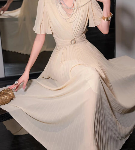 Solid Spliced Folds Slimming Dresses For Women V Neck Short Sleeve High Waist Temperament Long Dress Female Fashion