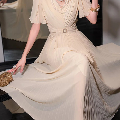 Load image into Gallery viewer, Solid Spliced Folds Slimming Dresses For Women V Neck Short Sleeve High Waist Temperament Long Dress Female Fashion
