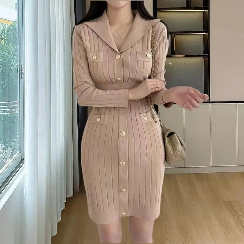 Women Khaki Single Breasted Long Sleeved Office Mini Dress Autumn Winter New Black V Neck Slim High Waist Knitted Short Dresses