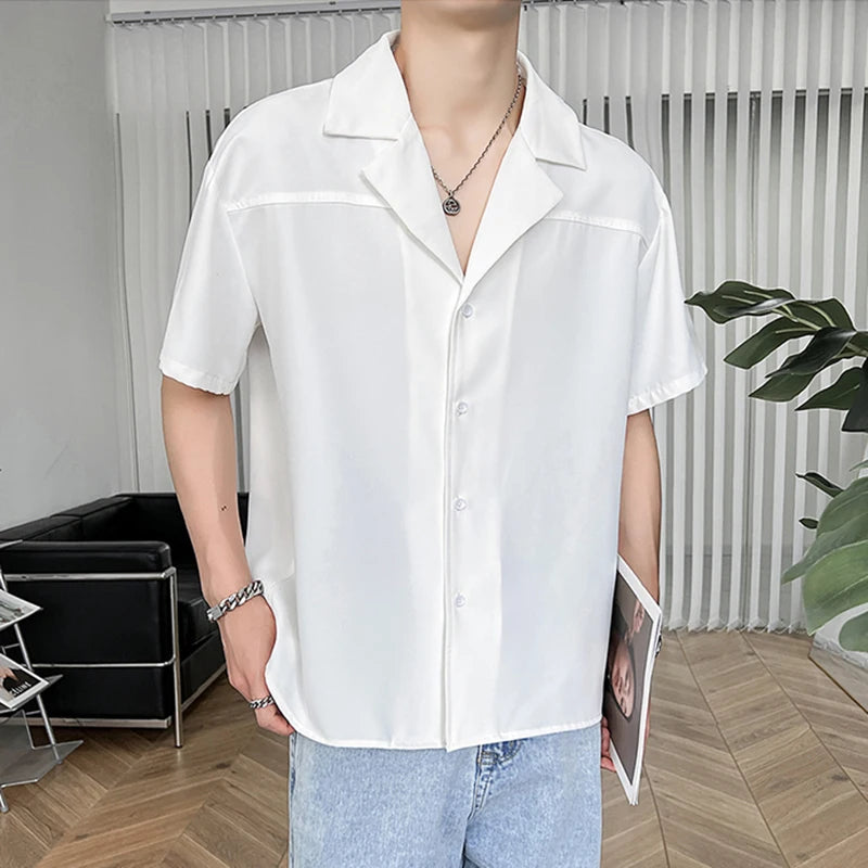 Summer Korean Style Men's Shirts Short Sleeved Trendy Solid Color Turn-down Collar Singel Breasted Male Top 9W1873
