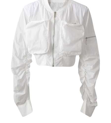 White Pocket Pocket Zipper Short Jacket New Stand Collar Long Sleeve Women Coat Fashion Tide Spring Autumn 2025 CPG3011