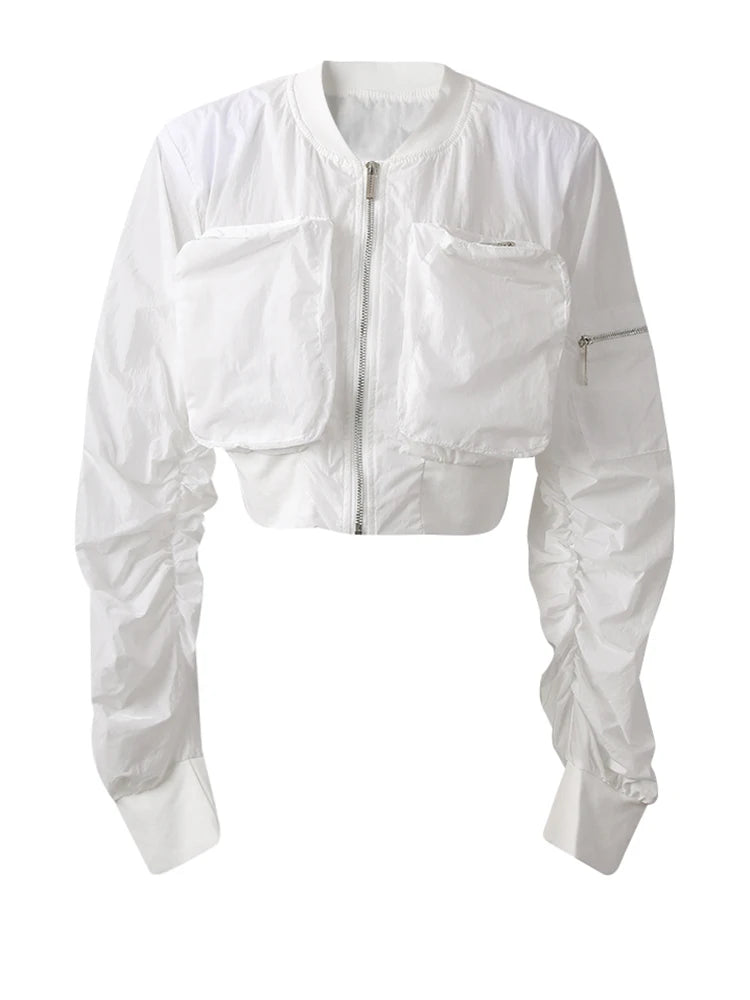 White Pocket Pocket Zipper Short Jacket New Stand Collar Long Sleeve Women Coat Fashion Tide Spring Autumn 2025 CPG3011