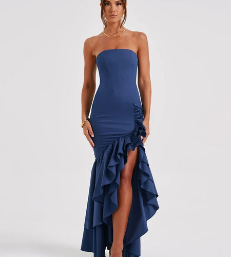 Strapless High Split Ruffle Long Dress For Women Fashion Off-shoulder Backless Sleeveless Bodycon Club Party Sexy Dress