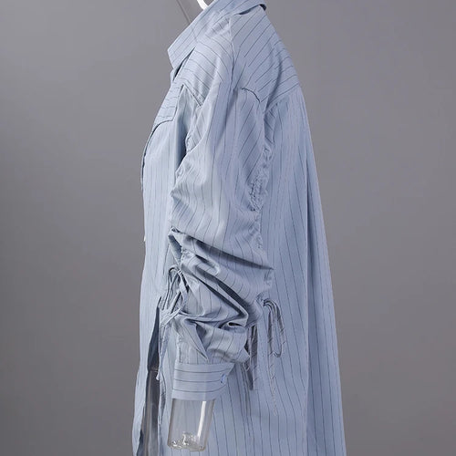 Load image into Gallery viewer, Women Blue Striped Drawstring Slit Big Size Blouse New Lapel Long Sleeve Shirt Fashion Tide Spring Autumn 2025 7AB8101

