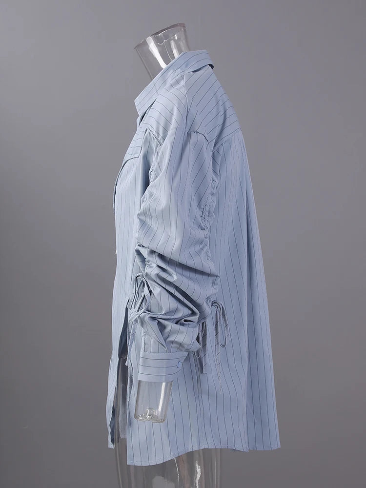 Women Blue Striped Drawstring Slit Big Size Blouse New Lapel Long Sleeve Shirt Fashion Tide Spring Autumn 2025 7AB8101