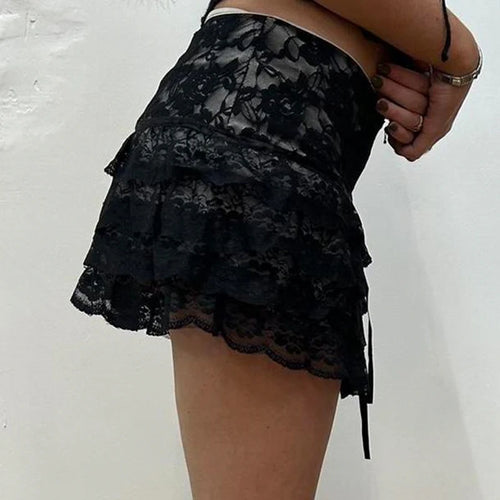 Load image into Gallery viewer, Fashion Y2K Gothic Dark Lace Skirt Mini Tierred Vintage See Through Sexy Summer Skirt Women A-Line Three-Layer Bottom

