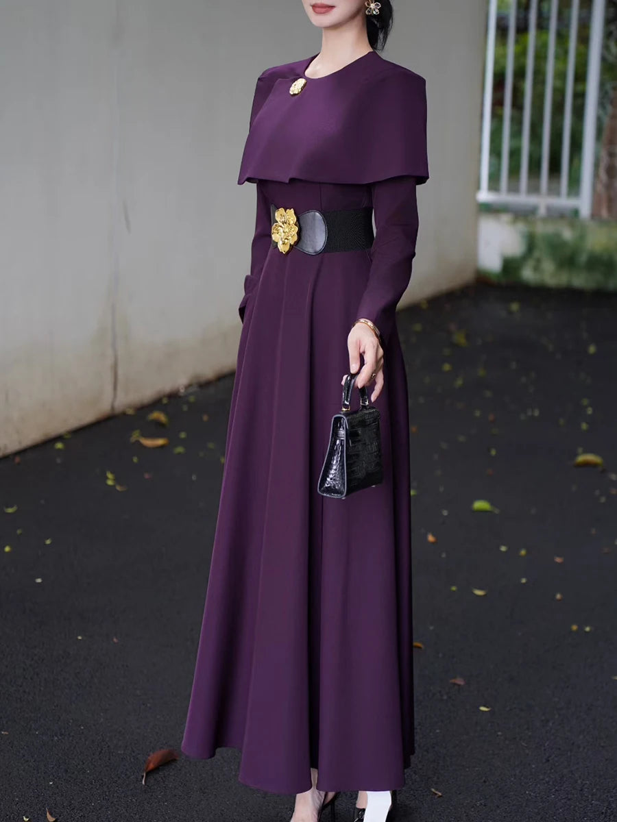 Solid Slimming Spliced Belt Temperament Dresses for Women Round Neck Long Sleeves Dress Female Fashion Clothing New