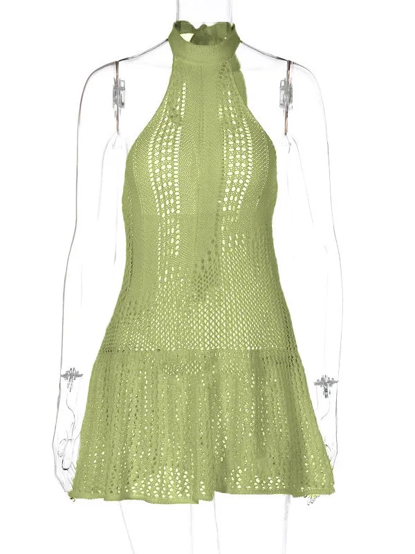 Sexy Sleeveless Knitted Sweater Dress For Women Summer 2024 New Sleeveless Hanging Collar Female Holiday Party Beachwear