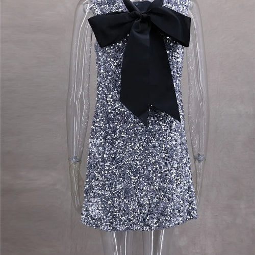 Load image into Gallery viewer, Sequins Backless Bow Sexy Mini Dress For Women Robe 2025 New Sleeveless A-line Sparkle Club Dress Elegant Vestido

