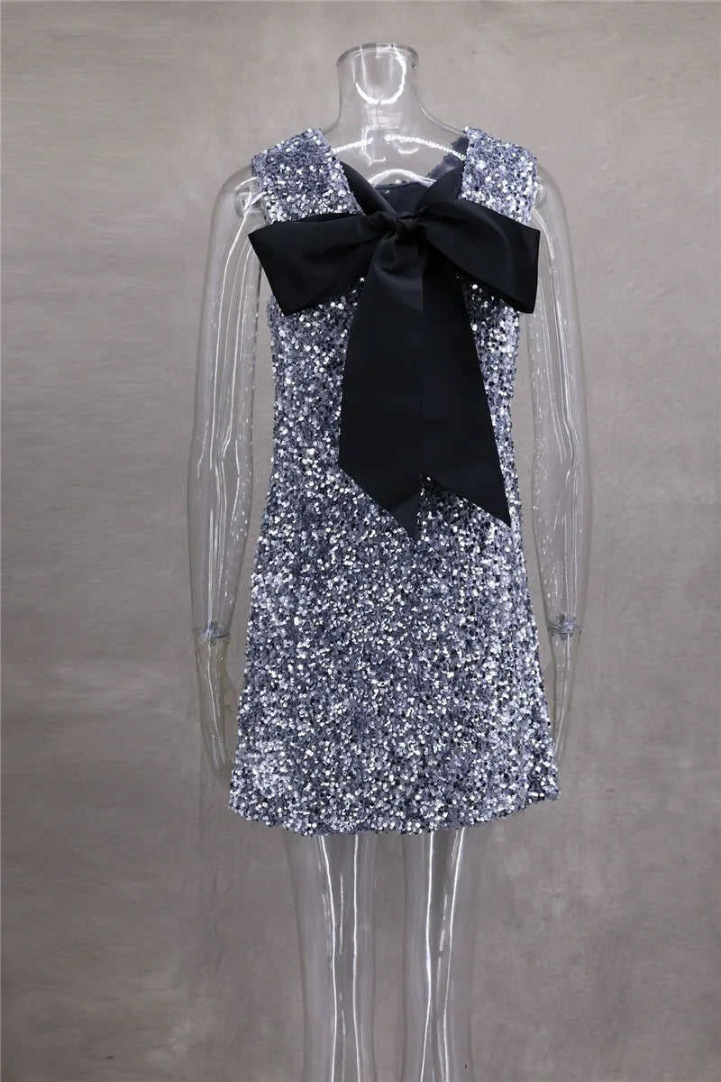 Sequins Backless Bow Sexy Mini Dress For Women Robe 2025 New Sleeveless A-line Sparkle Club Dress Elegant Vestido